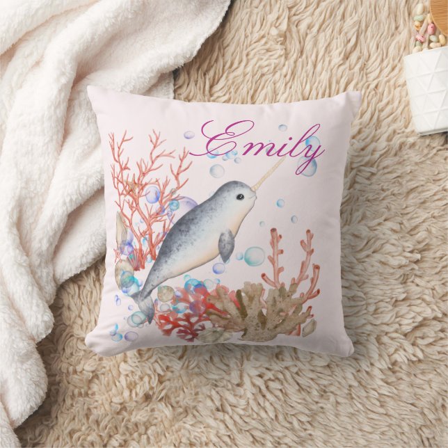Cute colourful Bubbles Ocean baby Narwhal  Throw Pillow (Blanket)