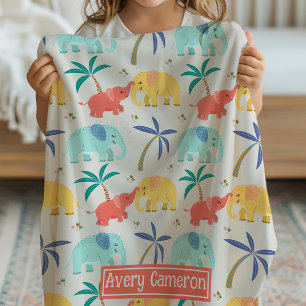 Cute Colourful Elephants Custom Name Baby Blanket