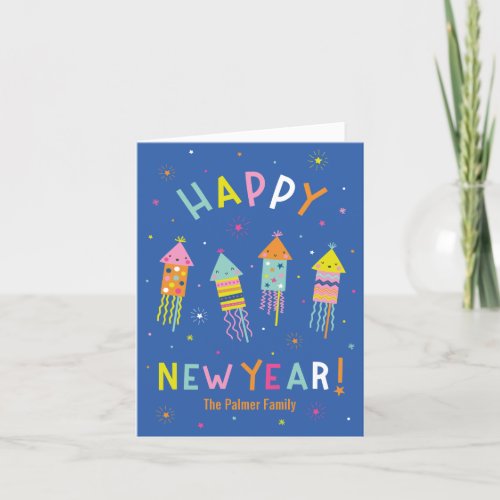 Cute Colourful Happy New Year Fireworks Holiday Card