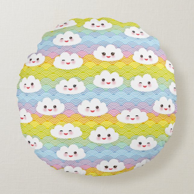 Cute Colourful Kawaii Emoji Clouds Pattern Round Pillow (Front)