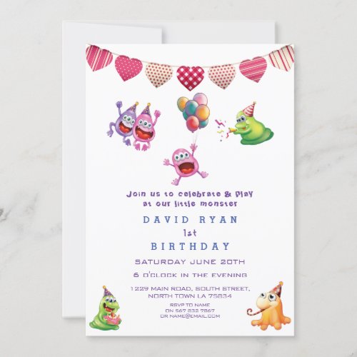 Cute Colourful Monsters Hearts Boy First Birthday Invitation