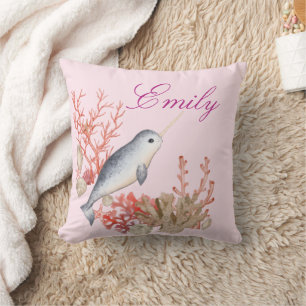 Cute colourful Ocean Narwhal seashells Throw Pillow