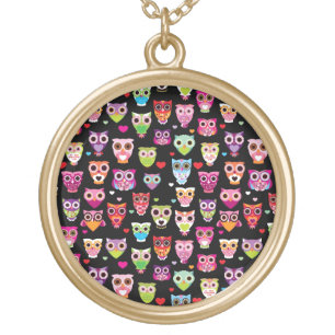 cute colourful owl kids pattern gold plated necklace