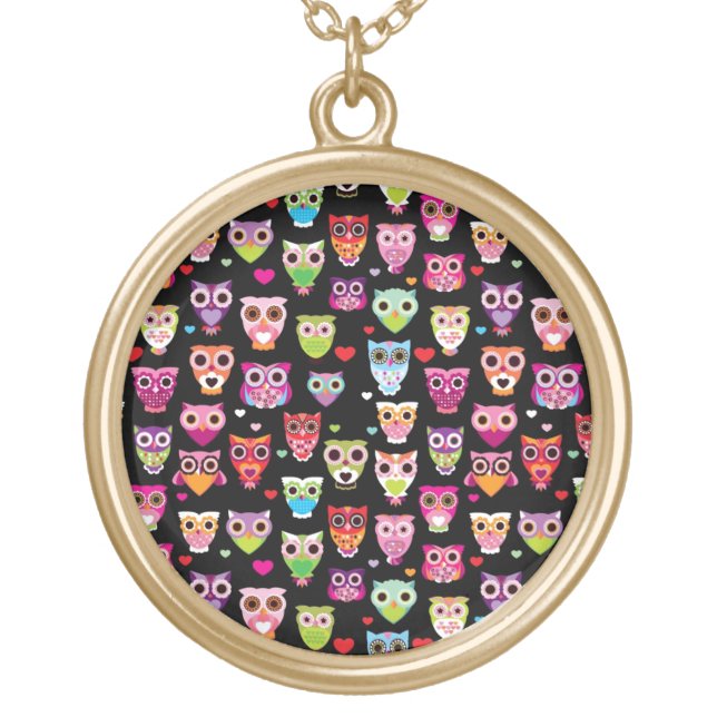cute colourful owl kids pattern gold plated necklace (Front)