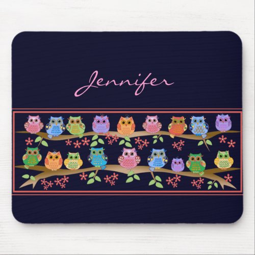 Cute colourful Owls on Brenches  Name Mousepad