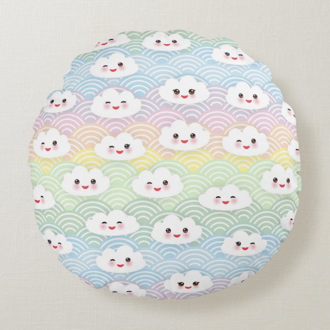 Cute Colourful Pastel Kawaii Clouds Pattern Round Pillow (Front)