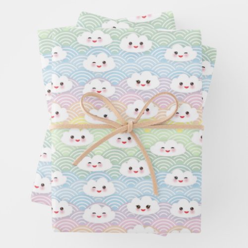 Cute Colourful Pastel Waves Kawaii Clouds Pattern Wrapping Paper Sheets