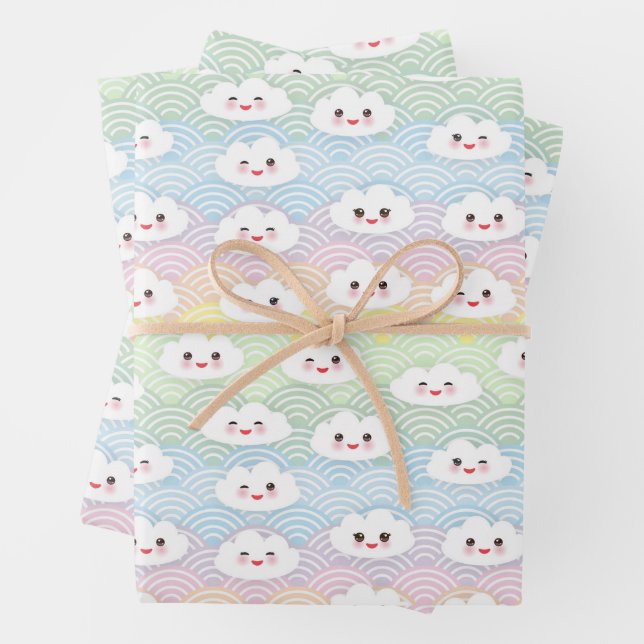 Cute Colourful Pastel Waves Kawaii Clouds Pattern Wrapping Paper Sheets (In situ)