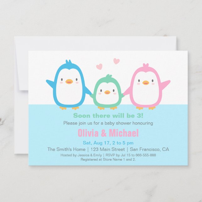 Cute Colourful Penguin Baby Shower Invitations (Front)