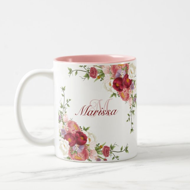 Cute Colourful Peony Flowers Girly Name Monogram  Two-Tone Coffee Mug (Left)