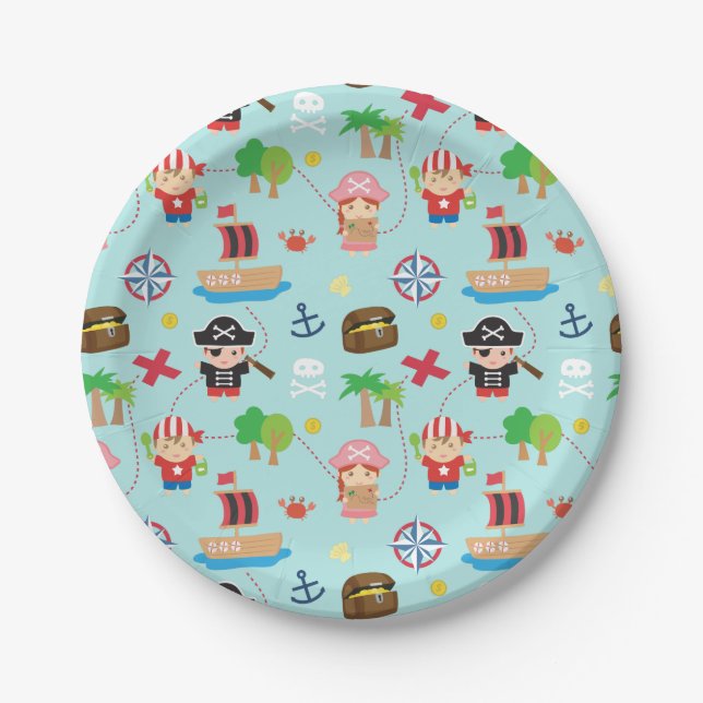 Cute Colourful Pirate Pattern Kids Birthday Party Paper Plates (Front)