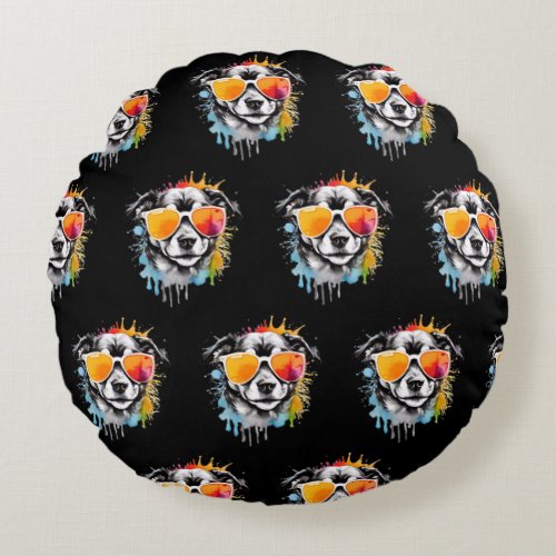 Cute colourful Puppy with sunglasses splash  Round Pillow