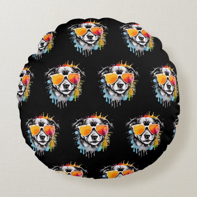 Cute colourful Puppy with sunglasses splash  Round Pillow (Front)