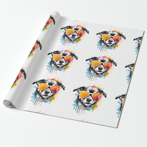 Cute colourful Puppy with sunglasses splash  Wrapping Paper