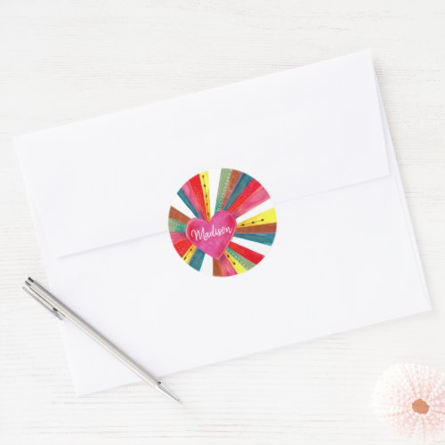 Cute colourful Rainbow pink heart Classic Round Sticker