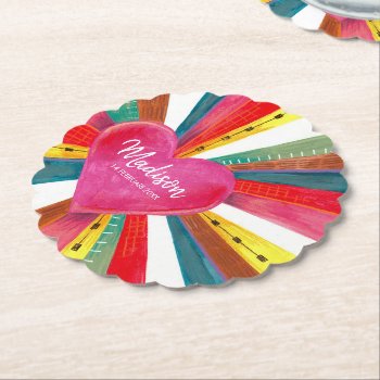 Cute Colourful Rainbow Pink Heart Paper Coaster by CartitaDesign at Zazzle