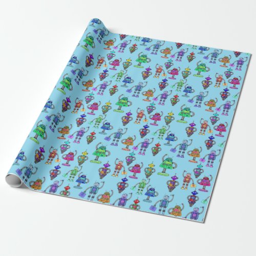 Cute colourful robots on blue background wrapping paper