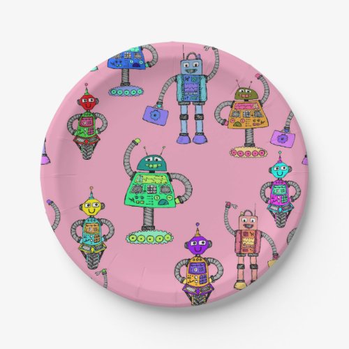 Cute colourful robots on pink background paper plates