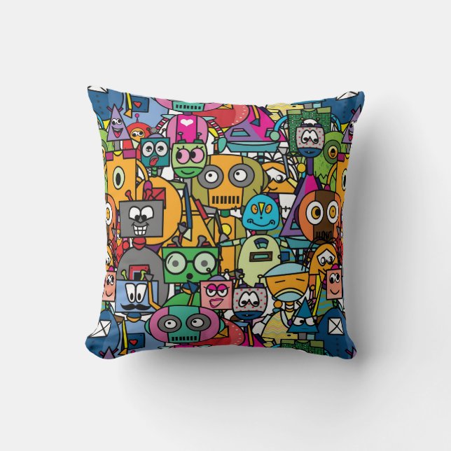 🤖Cute colourful robots Throw Pillow (Front)