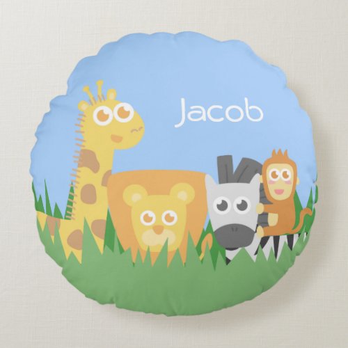 Cute Colourful Safari Animals Kids Personalized Round Pillow