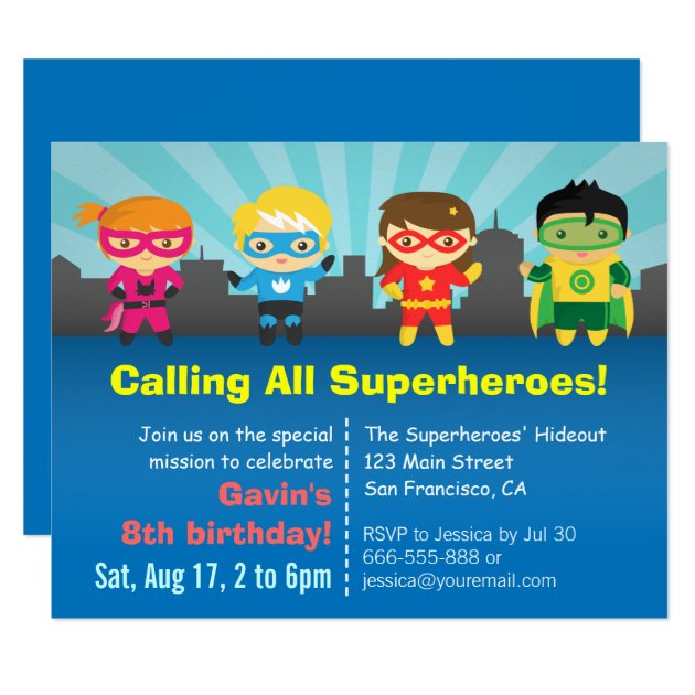 Cute Colourful Superhero Birthday Party Invitation