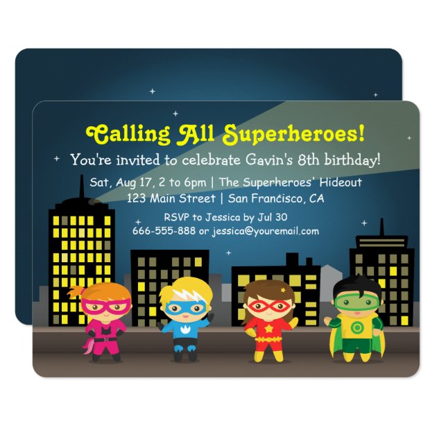 Cute Colourful Superhero Birthday Party For Kids Invitation