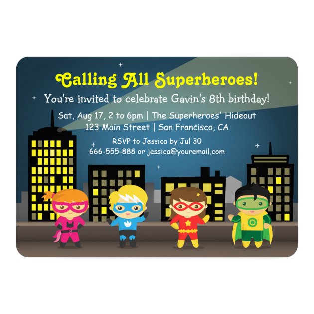 Cute Colourful Superhero Birthday Party For Kids Invitation