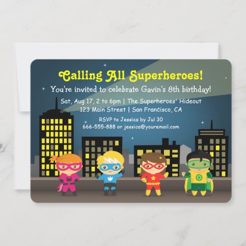 Cute Colourful Superhero Birthday Party For Kids Invitation
