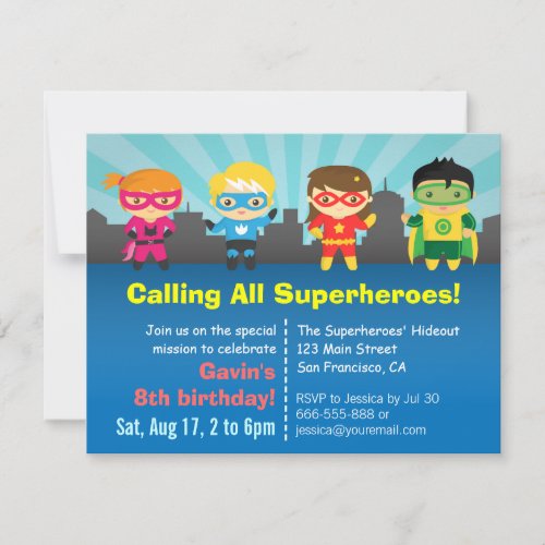 Cute Colourful Superhero Birthday Party Invitation