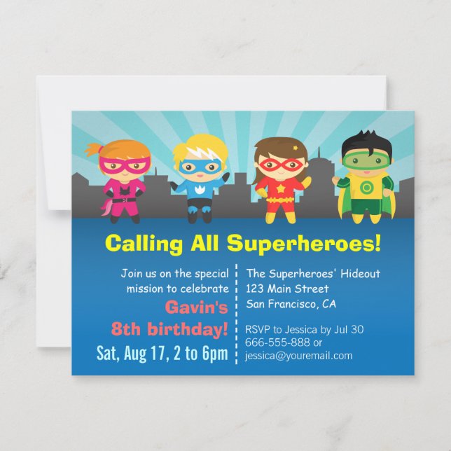Cute Colourful Superhero Birthday Party Invitation (Front)