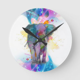 cute colourful watercolours splatters elephant round clock