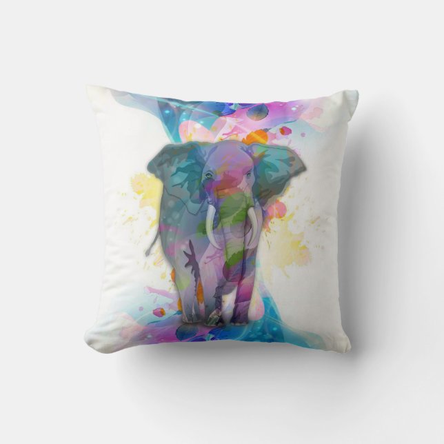cute colourful watercolours splatters elephant throw pillow (Front)