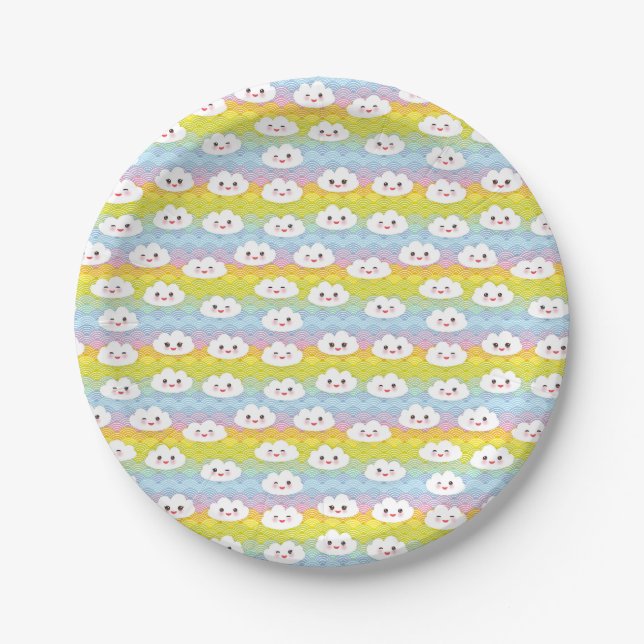 Cute Colourful Waves Emoji  Kawaii Clouds Paper Plates (Front)