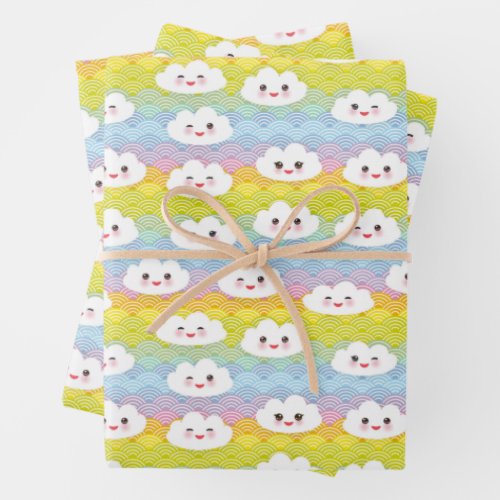 Cute Colourful Waves Kawaii Emoji Clouds Pattern Wrapping Paper Sheets