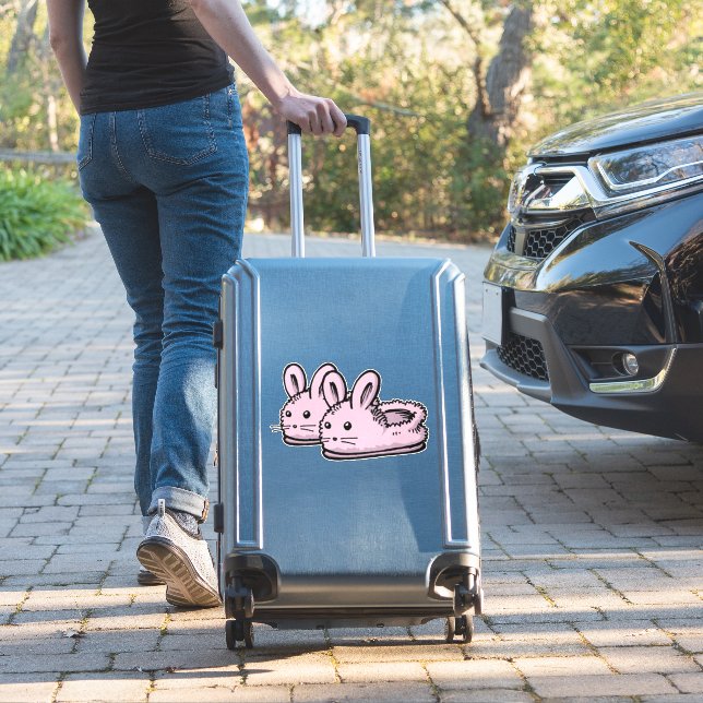 Cute, Comfy Motivation Pink Bunny Rabbit Slippers Sticker (Suitcase Insitu)