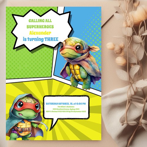 Cute Comic Book Turtles Superhero Boy Birthday  Invitation