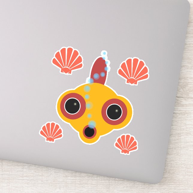 Cute Comic Googly Eyed Goldfish Bubbles and Shells Sticker (Detail)