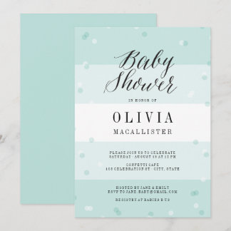 Cute Confetti Aqua Stripes Boy Baby Shower Invite
