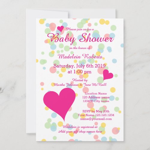 Cute confetti dot baby shower invitations for girl