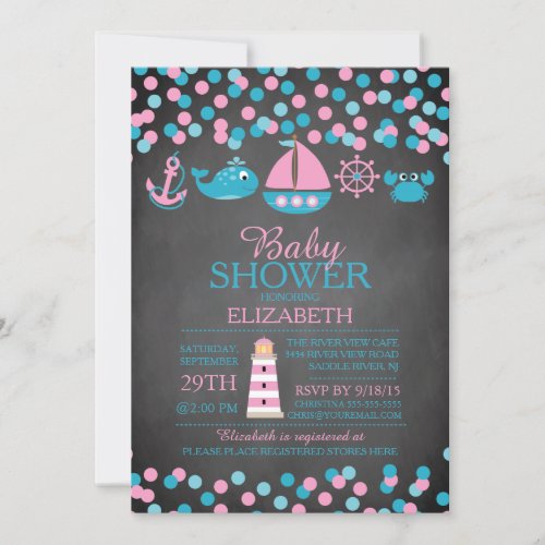 Cute Confetti Nautical Girl Baby Shower Invitation