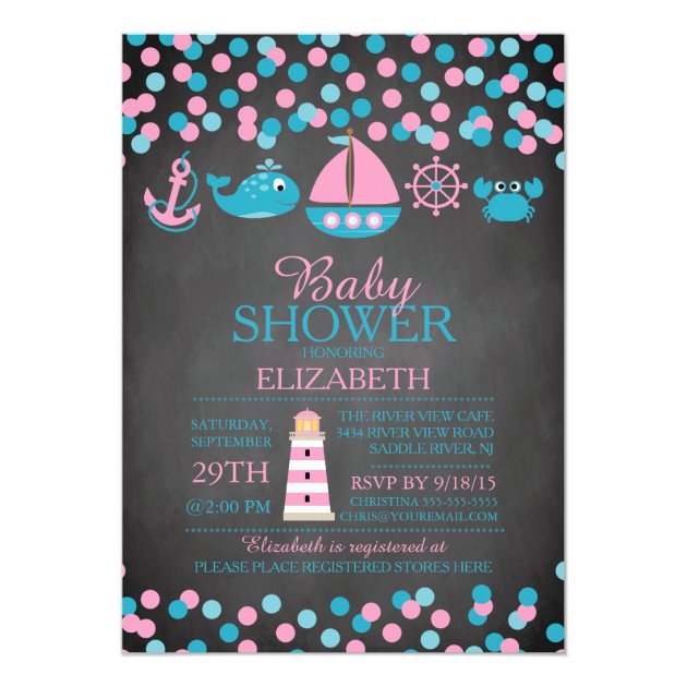Cute Confetti Nautical Girl Baby Shower Invitation