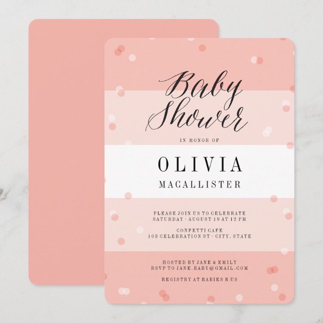 Cute Confetti Pink Stripes Girl Baby Shower Invite (Front/Back)
