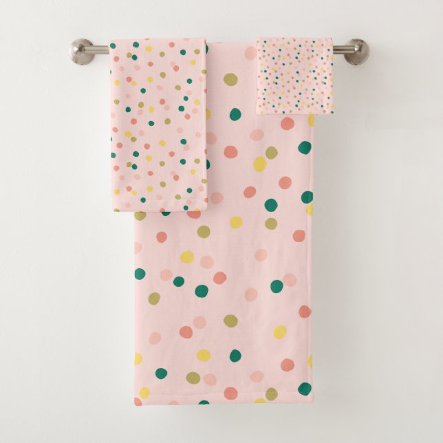 Cute Confetti Polka Dots Pattern Blush Green Bath Towel Set (Insitu)