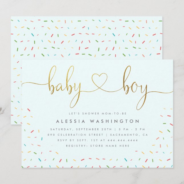 Cute Confetti Sprinkle Gold Boy Baby Shower Invitation (Front/Back)