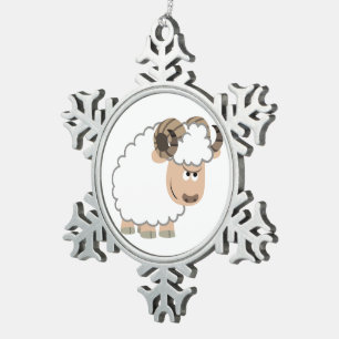Cute Confident Cartoon Ram Snowflake Pewter Christmas Ornament