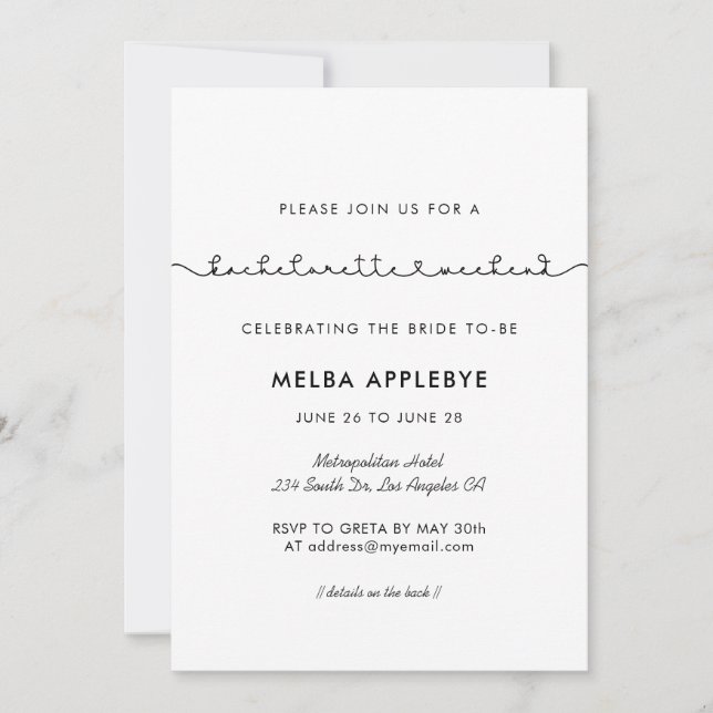 Cute connecting heart font Bachelorette Weekend Invitation (Front)