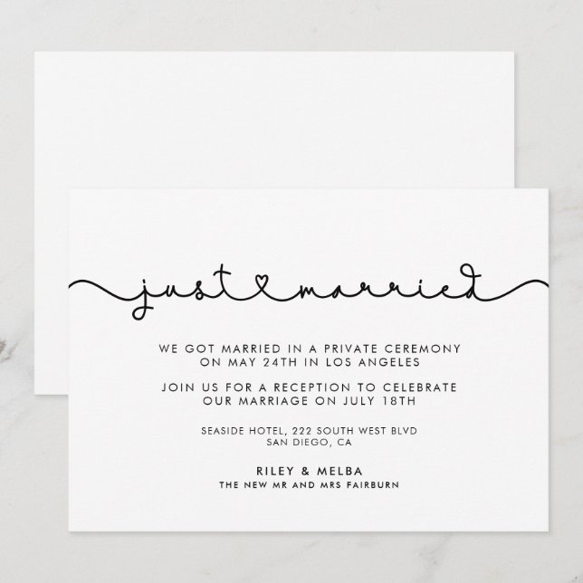 Cute connecting heart font Just married Invitation (Front/Back)