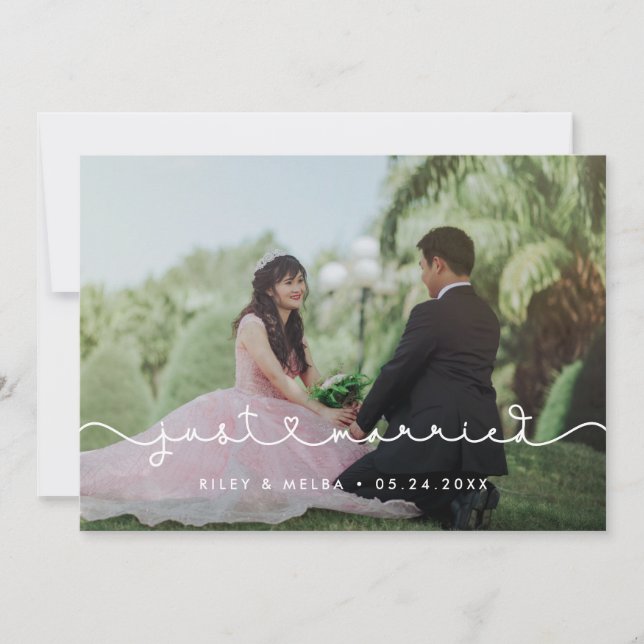 Cute connecting heart font Just married photo Announcement (Front)