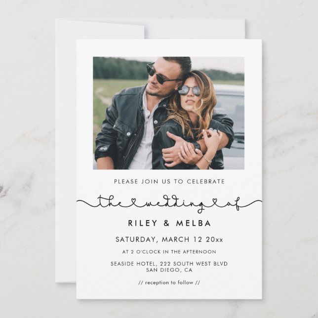 Cute connecting heart font photo wedding invitation (Front)