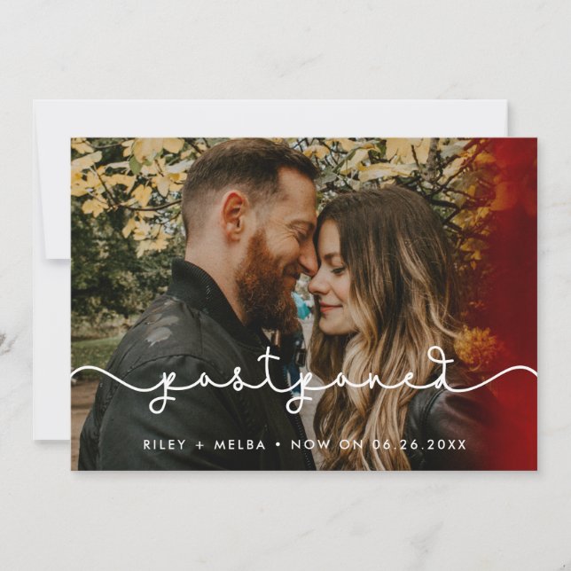 Cute connecting heart font Postponed photo card (Front)